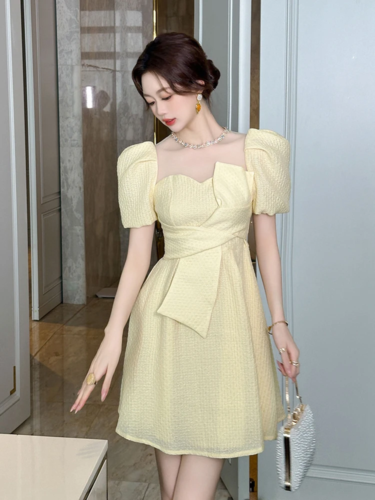 Fashion Elegant Sexy Mesh See Through O-Neck Mini Ball Gown Dress Women Clothes Sweet Puff Sleeve Slim Party Birthday Vestidos