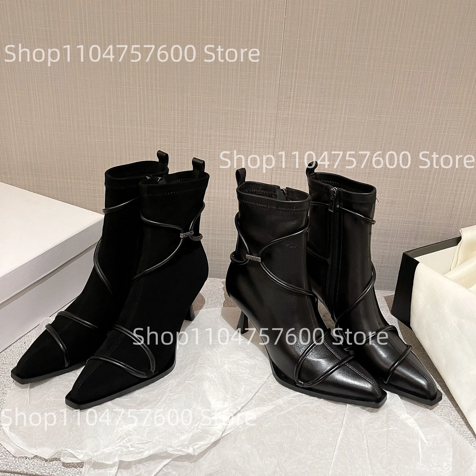 Women's Black Leather Ankle Boots Unique Strap Detail Pointed Toe Stiletto Heel Design Crisscross Straps Elegance Ladies Botas