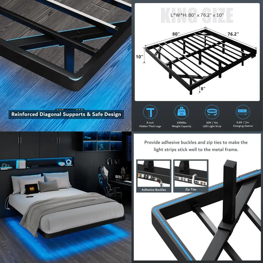Marco de cama con plataforma de metal tamaño King con luz LED y estación de carga, listones de acero resistentes, no necesita somier, fácil montaje