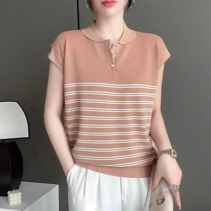 Summer Women\'s Short Sleeve Striped Button Solid Turn-down Collar Pullover Sweater Knitted T-shirt Casual Screw Thread Tops