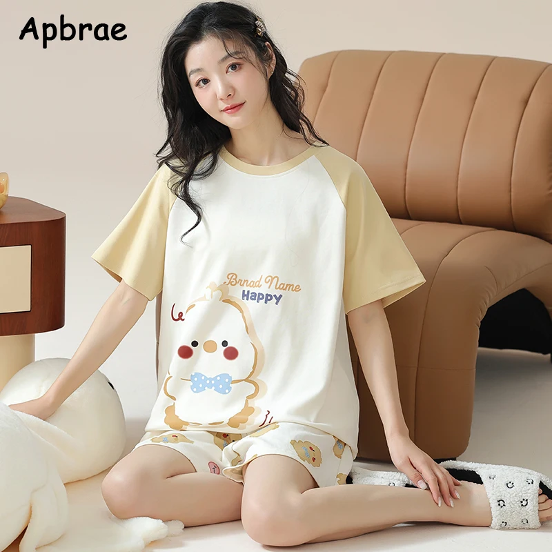 New Summer Woman Pajama Soft Faux Cotton Pyjamas Short Sleeved Plaid Pants Pajama Korean Kawaii Rabbit Print Home Wear