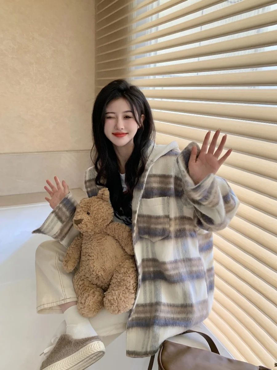 Cárdigan Abierto con Capucha a Cuadros Hoado para Mujer de Talla ande, Ropa de Abrigo Cálida de Otoño, Estilo Informal pa...