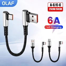 Olaf 6A 0.25 0.5M Short Cable 90 Degree Elbow USB A Type C to Type C Cable Fast Charging Data Cord Wire For iPhone 15 Power Bank