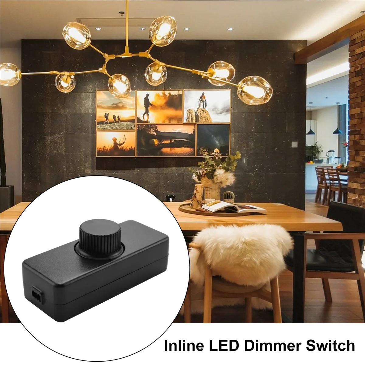 ABZV-inline LED-dimmer, ingebouwde draaibare AAN/UIT- en knopbedieningsdimmer voor dimbare 3-100W LED/gloeilamp zwart