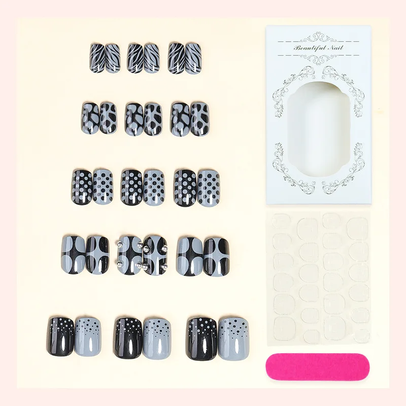 30Pcs Fake Nails Dark Y2K-Style Metallic Polka Dot Zebra Print Short Press-On Nails—Perfect As A Gift for Girls and Friends