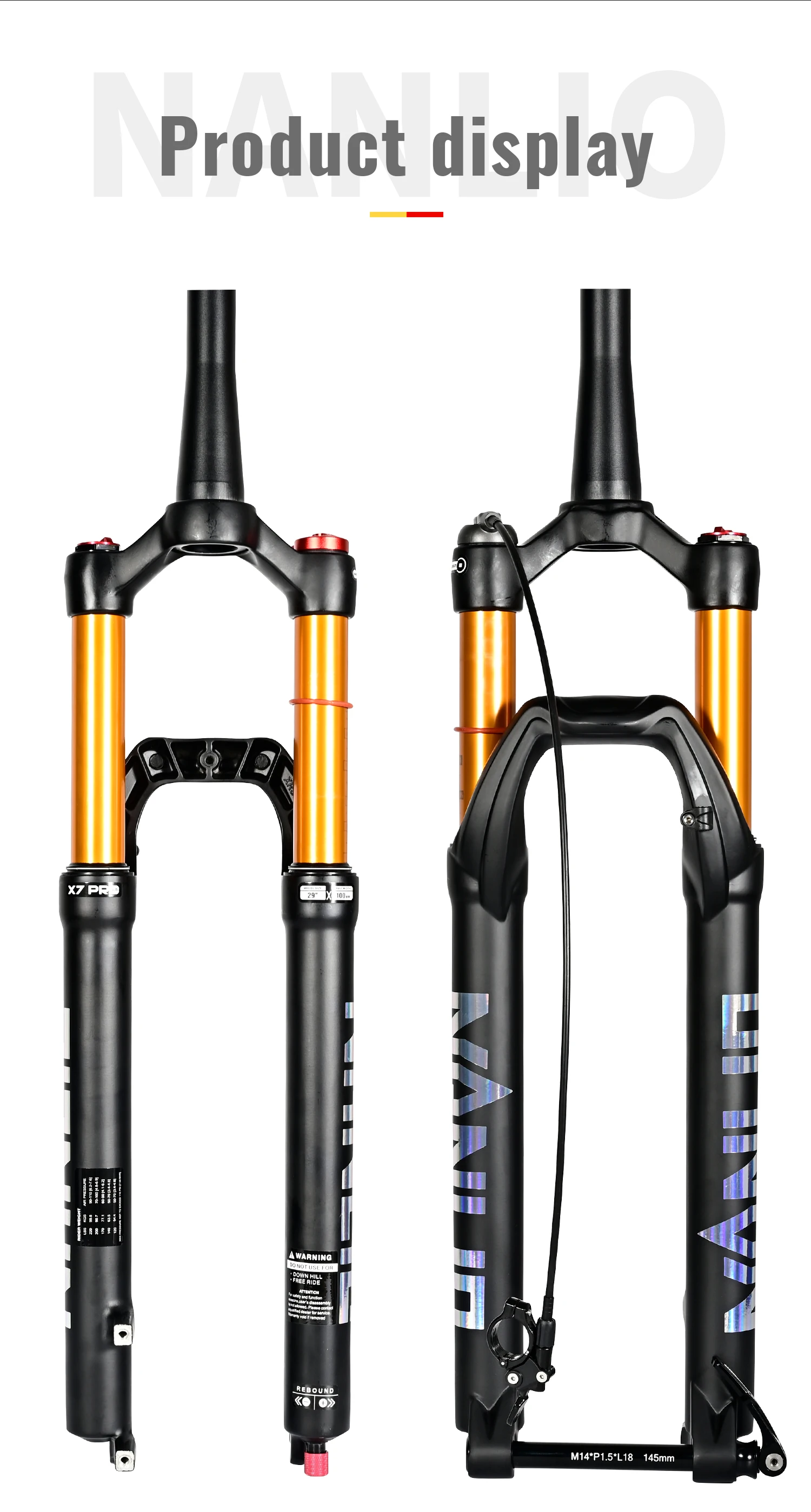 NANLIO X7 PRO MTB Luftfederungsgabel 26 27,5 29 Zoll 120 140mm Federweg mit Rückprall-Einstellung Metallbuchsen Schwarz Gold Fahrradgabel – Detail 21