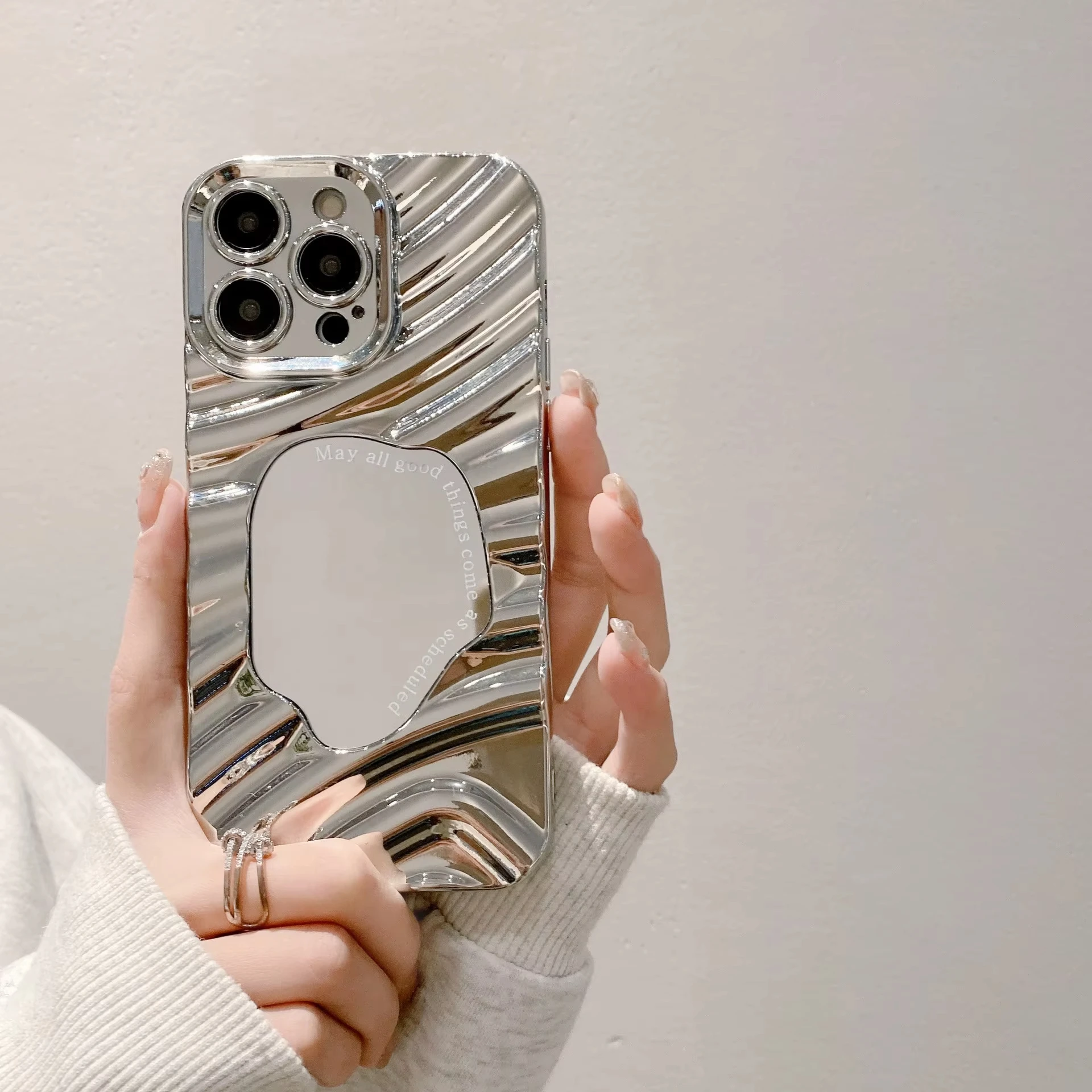 Wave Cosmetic Mirror Phone Case For iPhone 14 16 15 17 Pro 13 12 11 Pro Max Air Stylish Silver Electroplated Protective Cover view 3