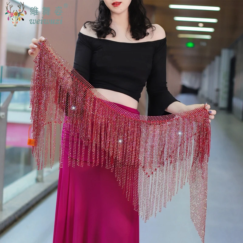 เข็มขัดเต้นรำท้อง เข็มขัดหิน AB ที่มีประกายพู่สามเหลี่ยมผ้าพันคอสะโพกสำหรับผู้หญิงอุปกรณ์เสริมการเต้นรำแบบตะวันออกเข็มขัด