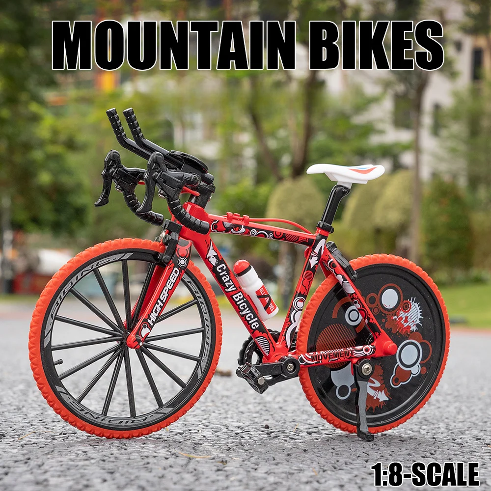 1:8 Mountain Bicycles Car Toys Models Alloy Diecast Bicycle Rubber Tires Front Wheel Steering Graffiti Road Bikes Gifts for Kids