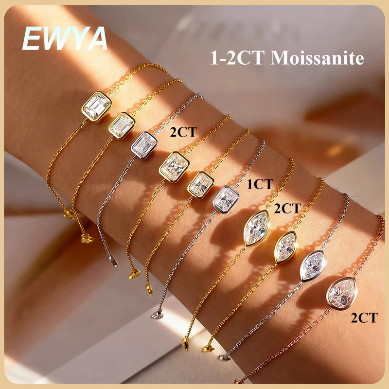 

EWYA Bezel Setting 1/2CT Pear Marquise Emerald Cut Moissanite Solitaire Link Bracelet Women 925 Silver Diamond Party Wrist Chain
