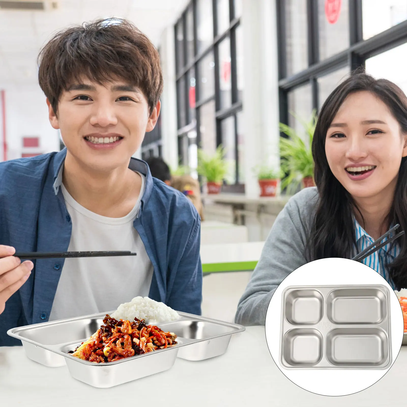 

1pc Stainless Steel Food Plate 4 Compartment Rectangular Lunch Tray For Camping Hiking Picnic Dining Household Tableware