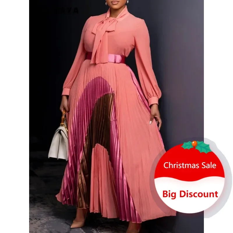 Elegant Women's Pleated Maxi Dress Autumn New Style Lace Up Pleated Long Sleeved Color Matching Fashion Birthday Wedding Guest