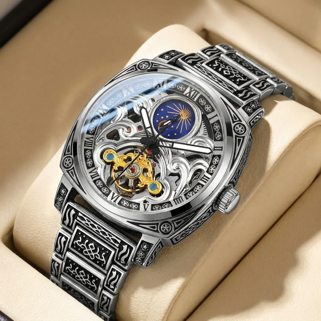 1 Stück Herren-Armbanduhr mit Silberzifferblatt, Metallarmband, Vintage-Mode, Skelett-Zahnrad-Design, Luxusdetails, Mechanisches Uhrwerk für Alltag, Geschäft, Party, Urlaub