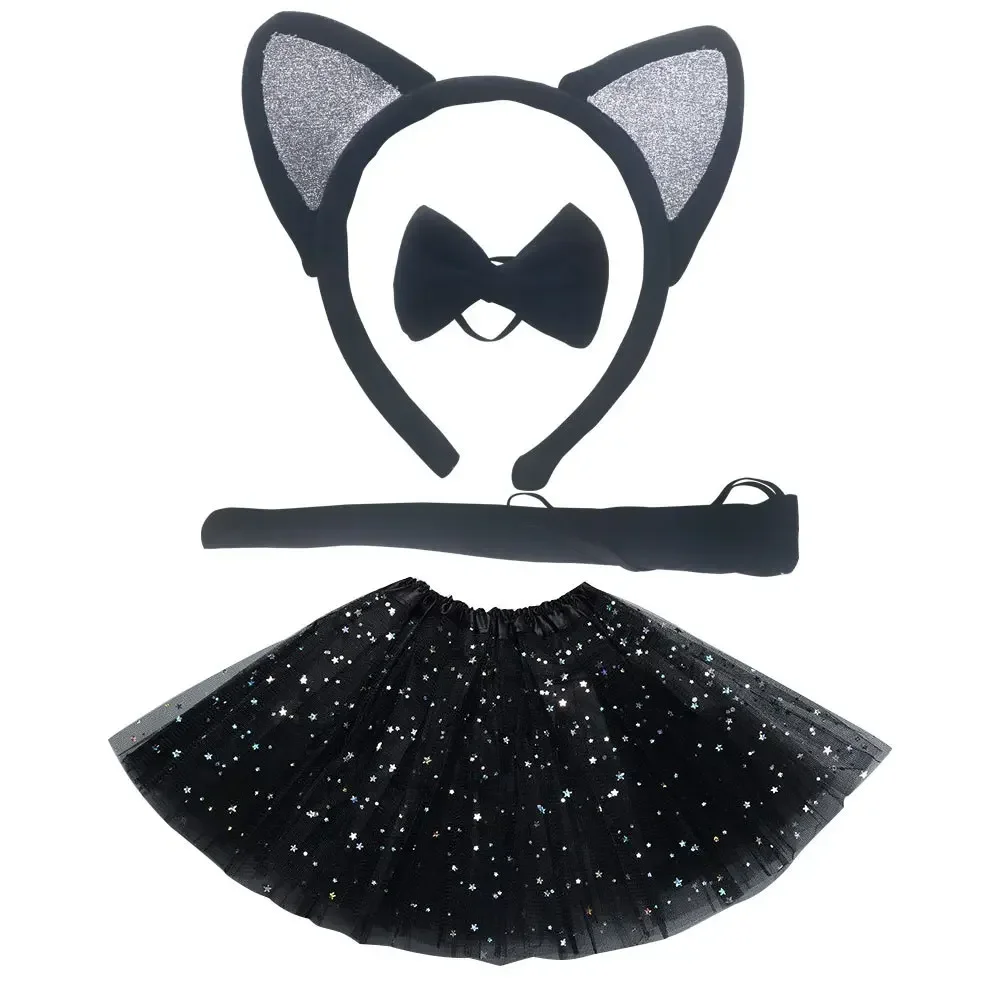 Black Cat Costume Set Animals Ears Headband Tail Bowtie Tutu Halloween Dress Up Kids Cosplay Accessory Kit