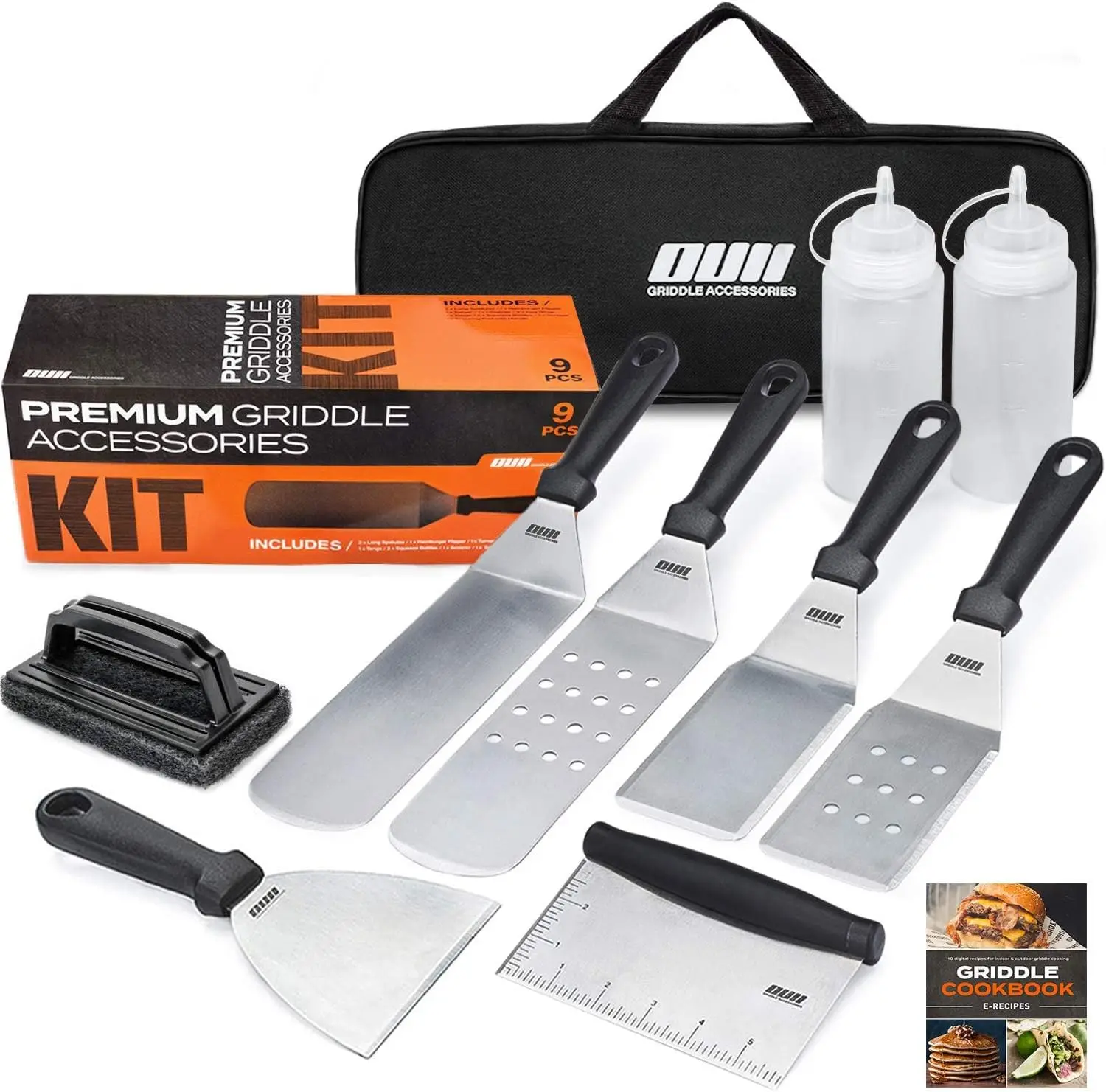 

Flat Top Griddle Accessories Set for Blackstone & Camp Chef - 9-Piece with Cleaning Kit & Carry Bag