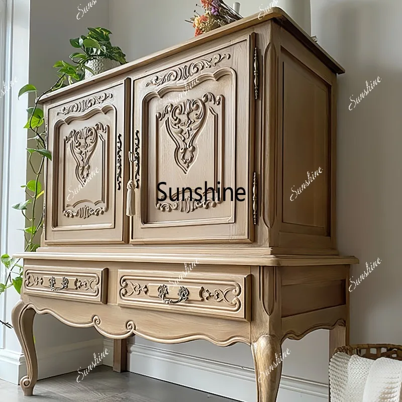 Solid wood dining side cabinet old retro style carved locker living room storage cabinet
