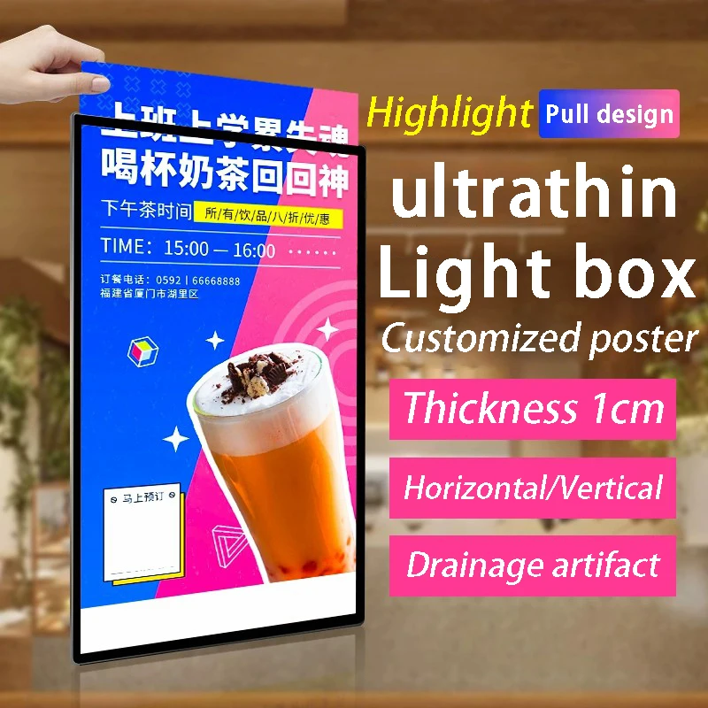 

Ultra thin advertising board, lightbox, wall mounted glass, indoor LED lighting, poster, milk tea shop, desktop painting display