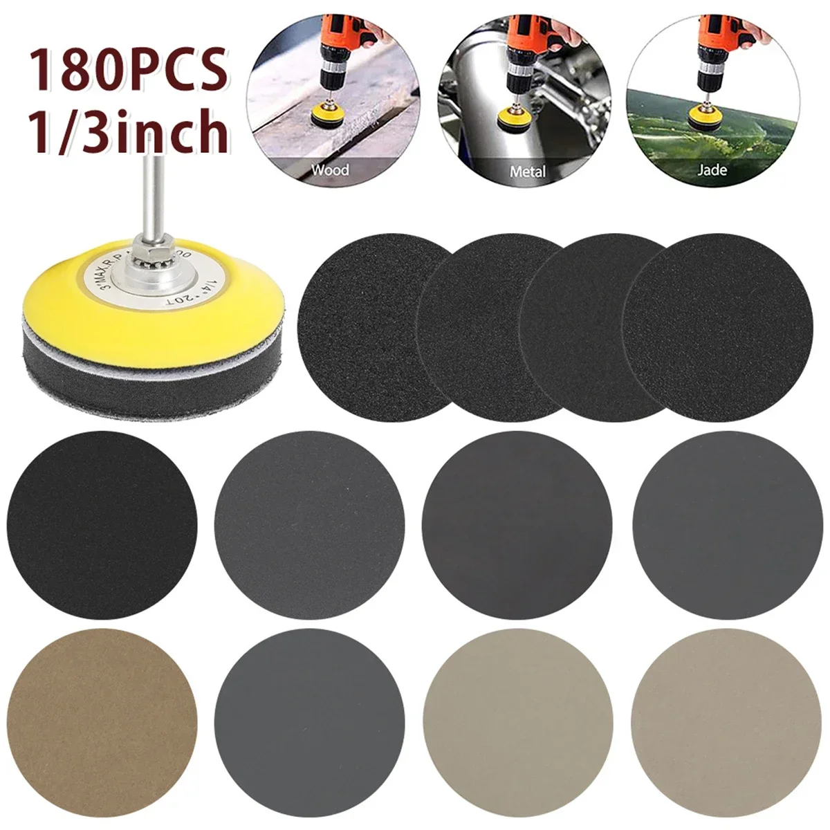 180Pcs 1/3 Inch Sanding Discs Polishing Sandpaper 60-10000 Grit Sanding Pads Car Quick Change Sanding Sheet Polishing Tools