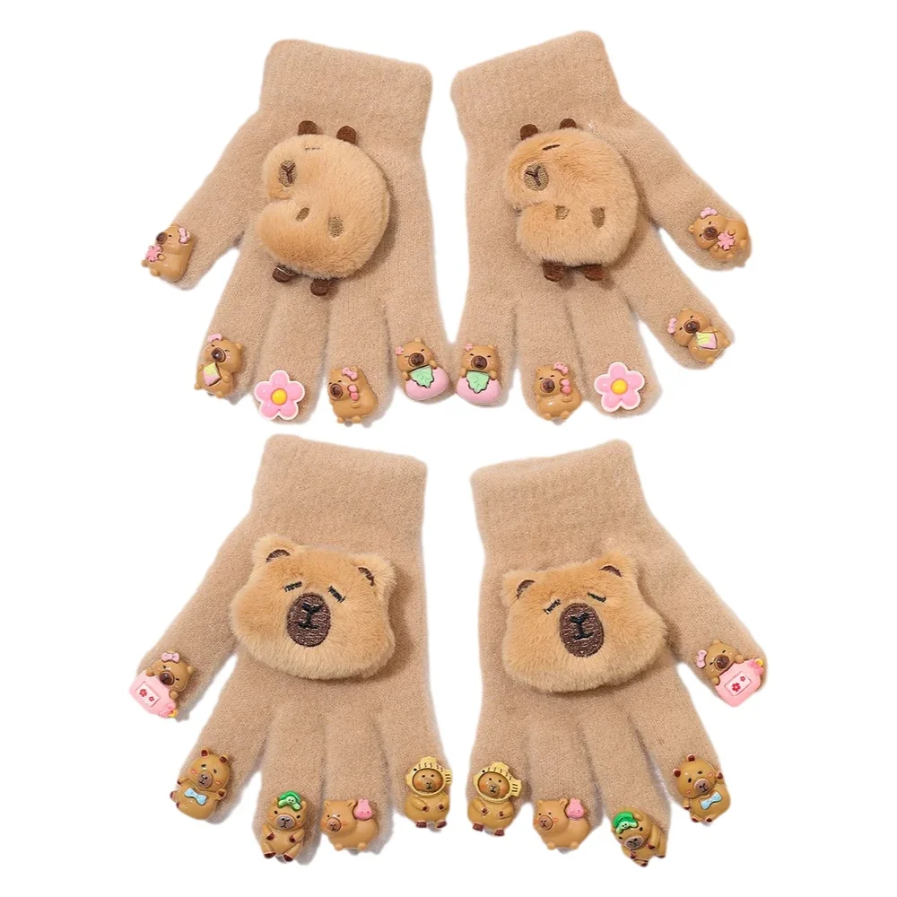 AliExpress NONE Adorable Winter Gloves for Women with Cute Capybara Decoration Comfortable Warm Fingered Ideal for Cycling Gift Choice