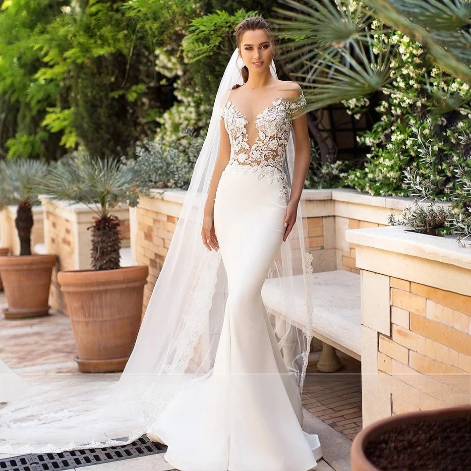 Customized Sexy Off Shoulder Soft Satin Mermaid Wedding Dress Beaded Illusion Lace Button Back Elegant Gown Bride Reception