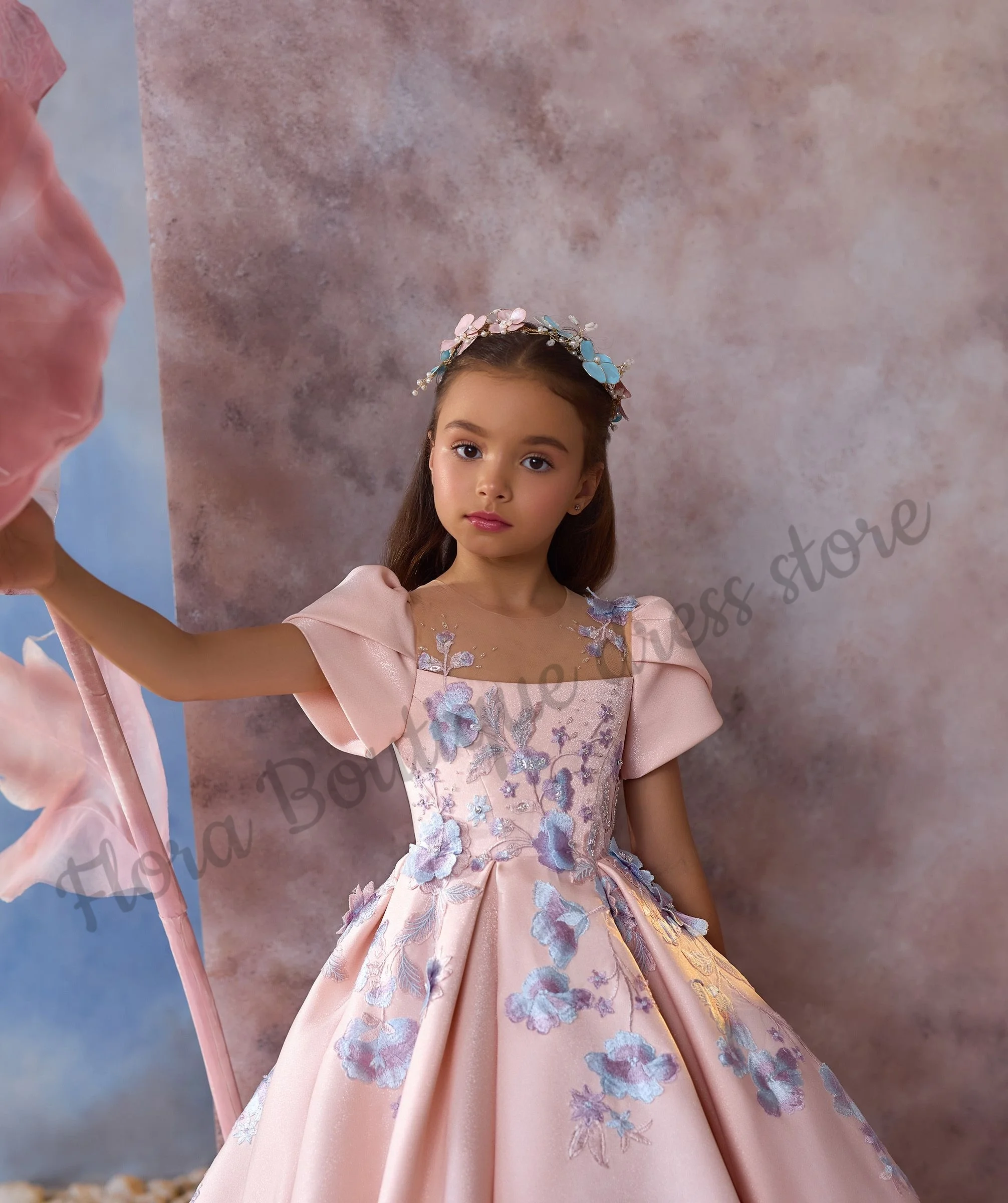Плиссированное трапециевидное платье принцессы с кружевной аппликацией, великолепное платье с цветочным узором для девочек, платья в пол, платья для девочек на день рождения, первое причастие