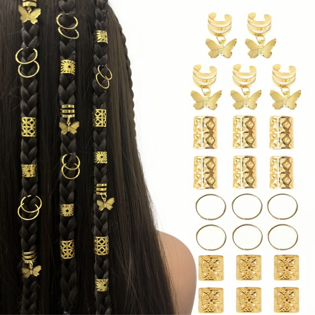 

35PCS Golden Butterfly Pendant Wig Dreadlock Hair Ring Set and Hollow-Out Iron Ring Braid Hair Cuff Hair Accessories Decorations