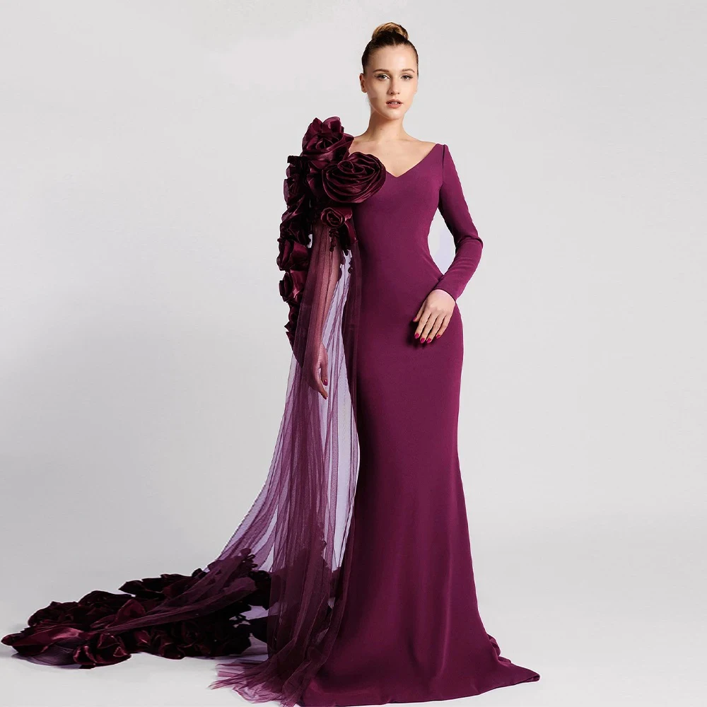 

Изысканное вечернее платье MCDV с 3D-цветами, фасон «русалка», V-образный вырез, длинные рукава, длина в пол, для торжественных мероприятий