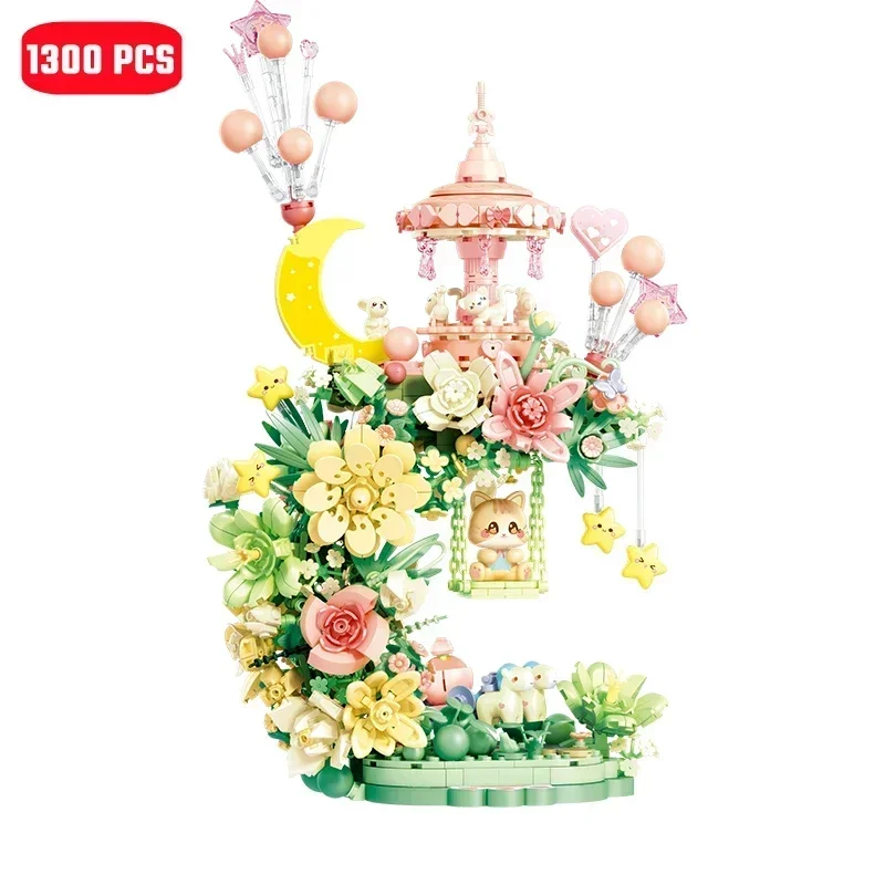 SEMBO 1300pcs Fantacy Flower Moon Light Building Blocks MOC Cat Star Model Bricks Romantic Home Decorations Toys for Girls Gifts