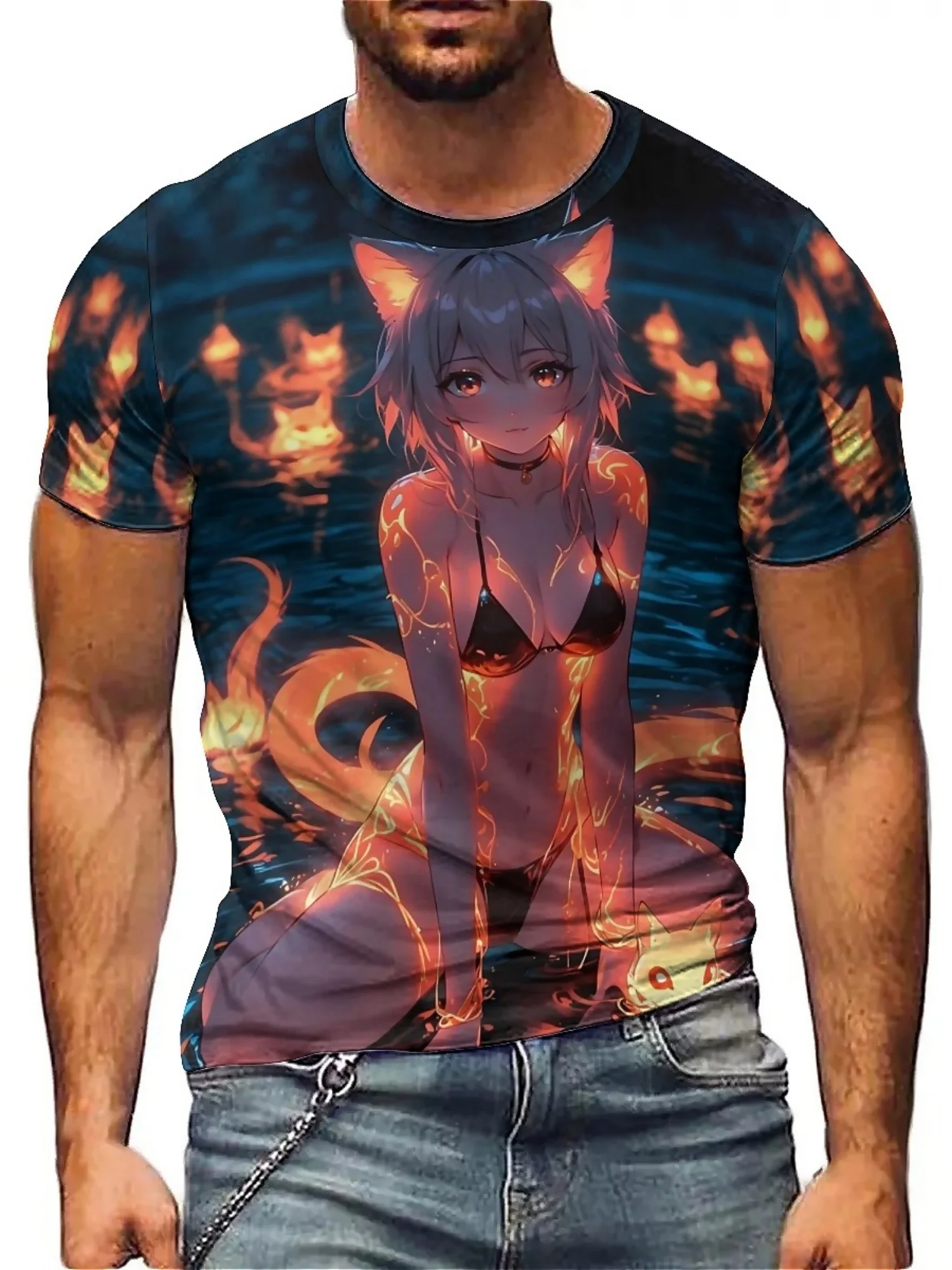 Men'S Plus Size 3D Anime Print T-Shirt - Short Sleeve, Crew Neck, Polyester, Minimalist Fashion, Harajuku Style