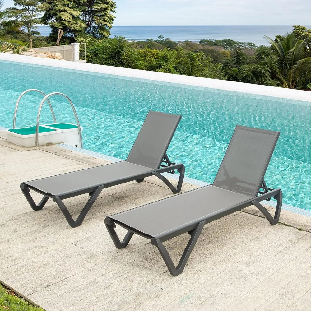

Aluminum Patio Chaise Lounge Set of 2, 5 Position Adjustable Backrest and Wheels, All Weather Outdoor Lounge Chairs for Beach