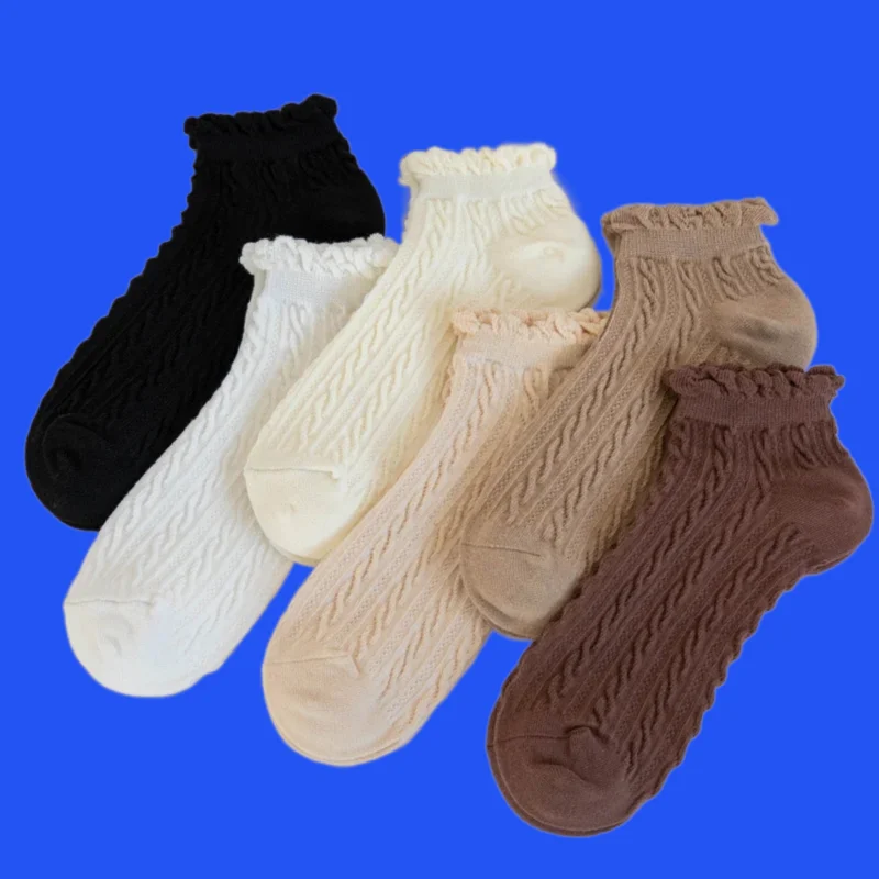 

6 Pairs Fashion Cotton Socks Girls Cute Crimped Stripes Dots Short Ankle Socks Breathable High Quality Casual Solid Women Socks