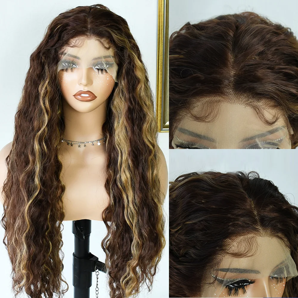 옴브레 블론드 컬리 가발, 루즈 딥 웨이브 레이스 프론탈 가발 (여성용) 13X4 HD 합성 섬유, 프리 플러킹 처리, 파티 및 데일리 착용 가능