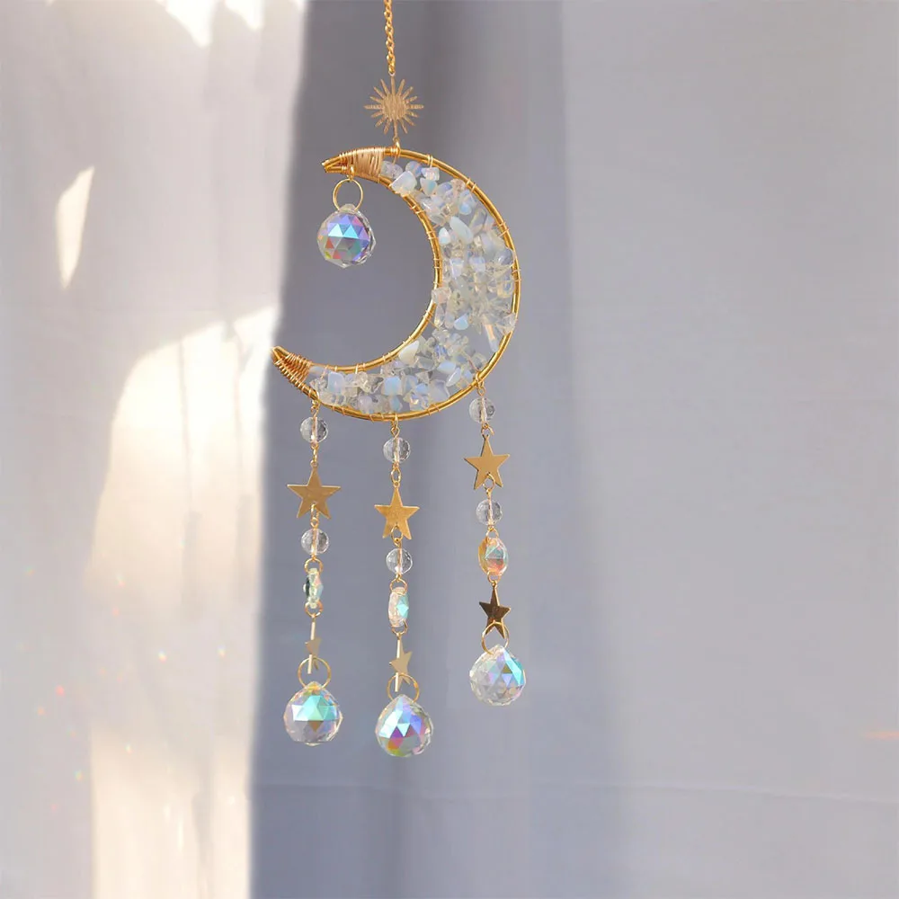Custom Opal Moon Sun Catcher Wind Chime - Crystal Hanging Ornament for Window Home Decor & Gift