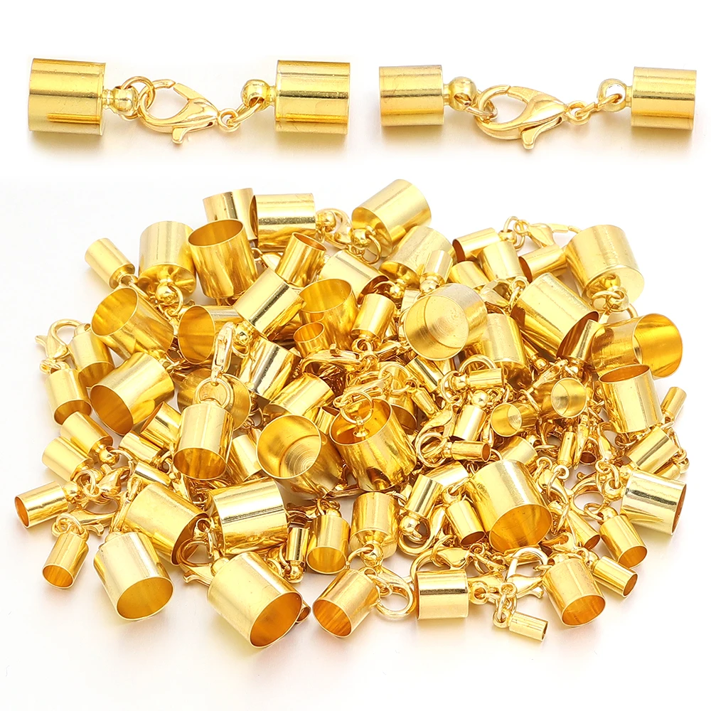 10sets Gold Color Lobster Clasp Cylinder Cord End Caps Metal Barrel Stopper Caps Braided Rope Bracelet DIY Jewelry Findings