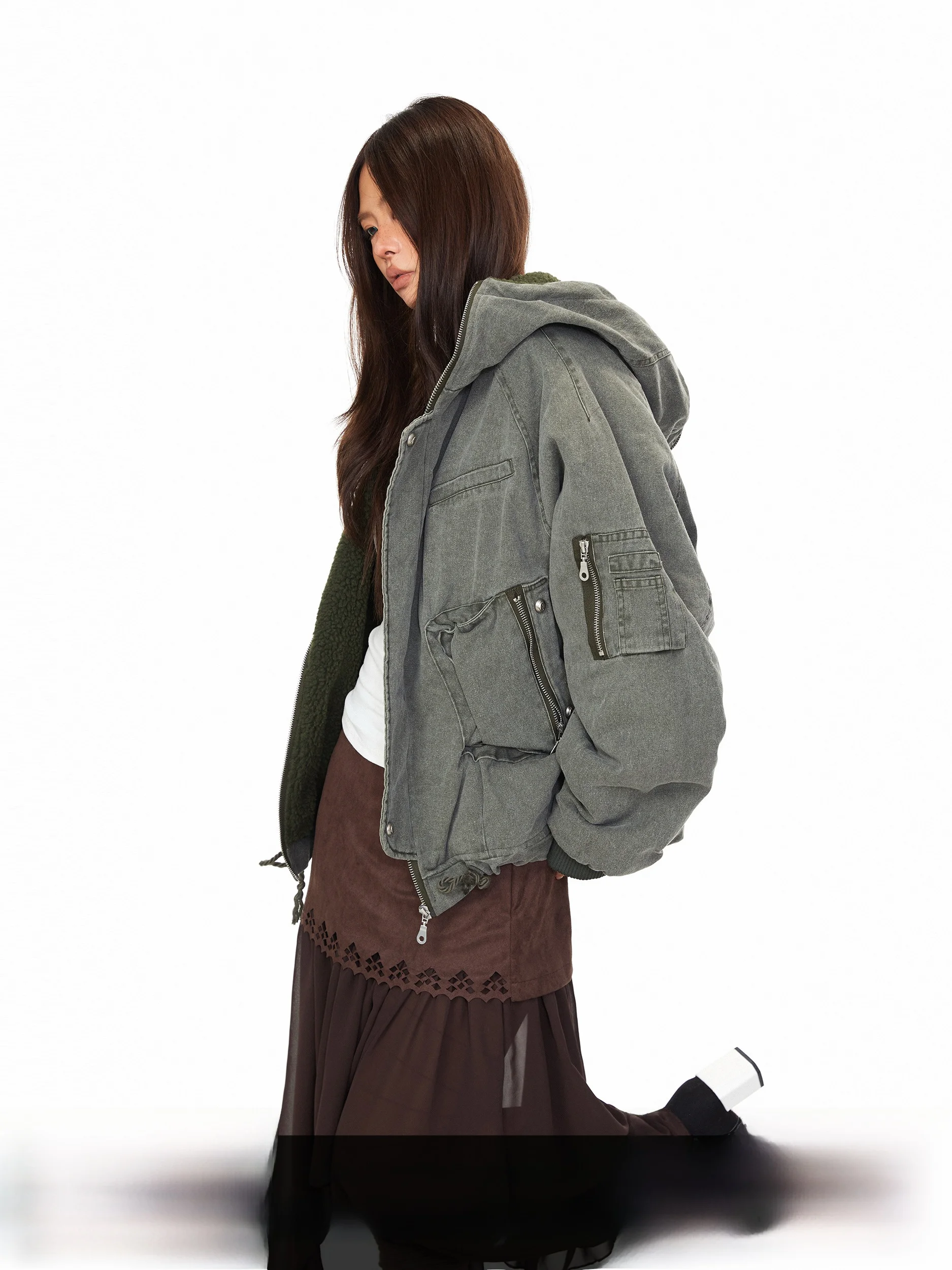 

Blabb Thiened Fce Lined Oversize American Sle Cotton Workwear Jaet Hooded Zipper Closure Long Sve Regular Length