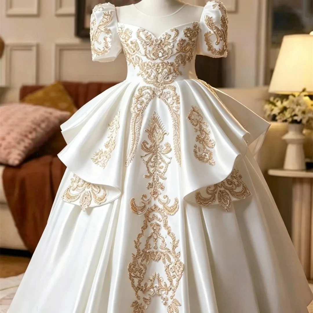 Custom Luxury Dress Wedding Guest Gown Puff Sleeve Embroidery Satin Ballgown Kids Gown Birthday Party Costume For Pageant Runway