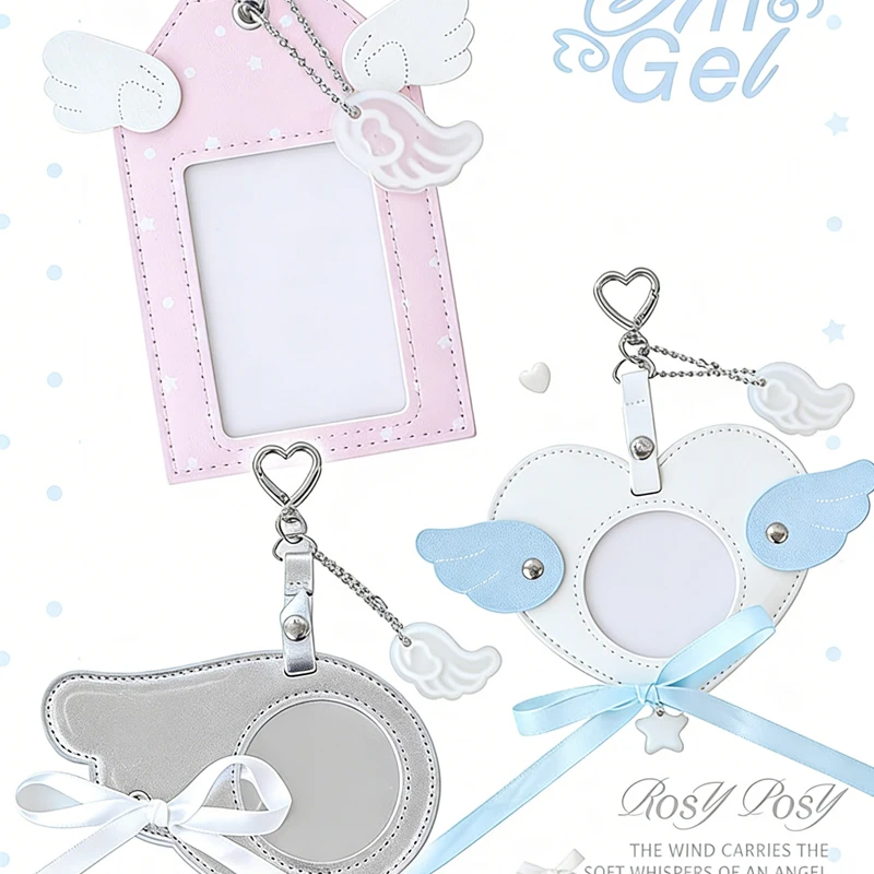 

High-Face Value PU Leather Angel Wing Card Holder Set Korean Style Campus Card Protector with Chain & Badge Decor