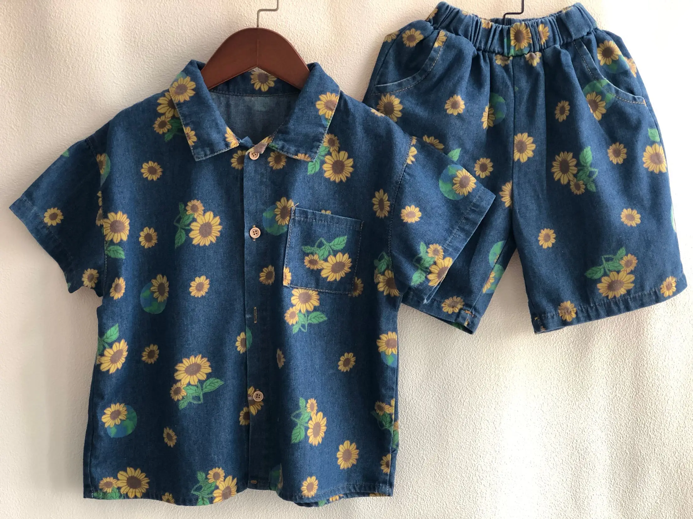 1-7 Years Girls Boys Casual Summer Print Flower Jeans Suit Baby Kids Children Soft Denim Clothing Set Blouse+ Shorts 2pcs