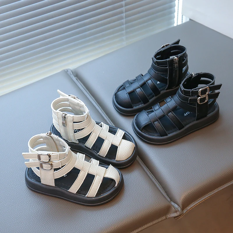 Girls Summer Beach Shoes Children School Roman Sandals Fashion Open-toe Kids Causal High-top Toes Capped Shoes Solid Color