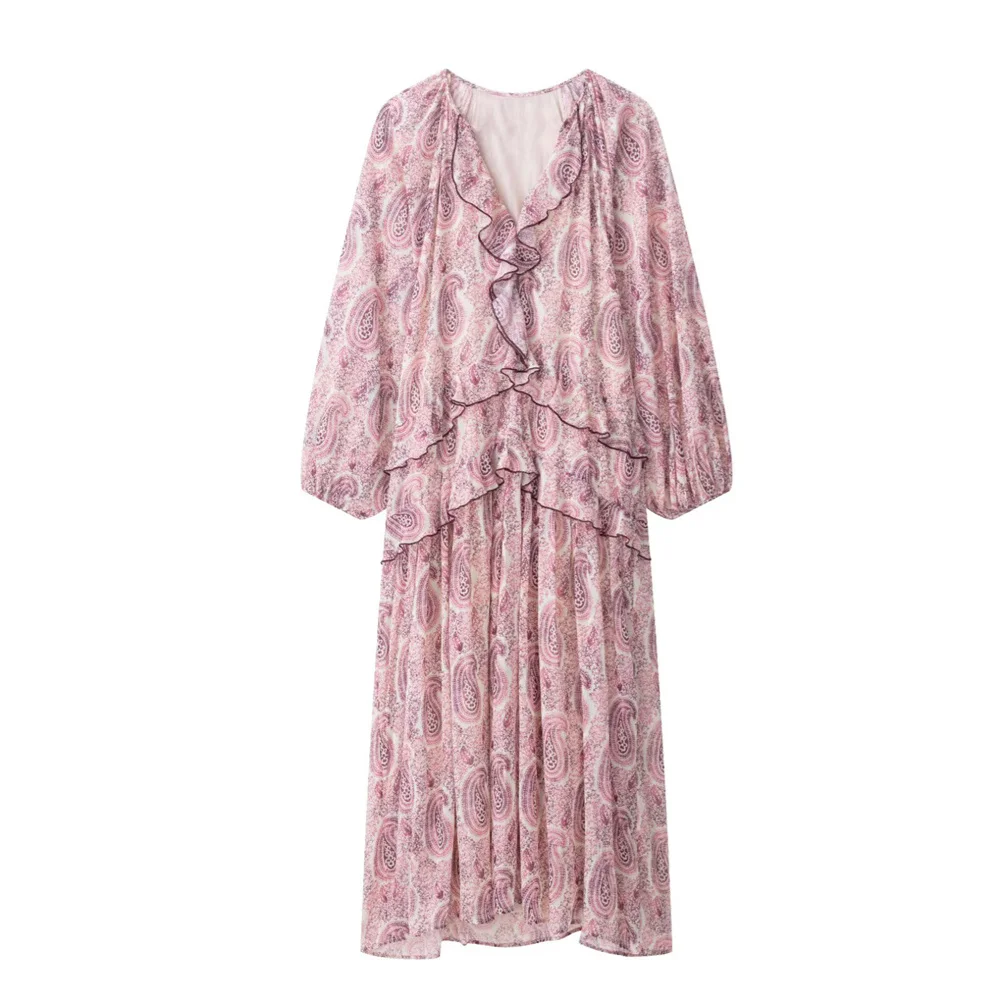 

ZARF women's floral print layered decoration V-neck long sleeved dress for spring and summer new casual women's wear