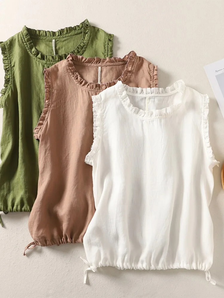 Gilet estivo in cotone e lino sottile da donna, top ampio con scanalatura, Dstring Bot, capispalla interno in legno vintage