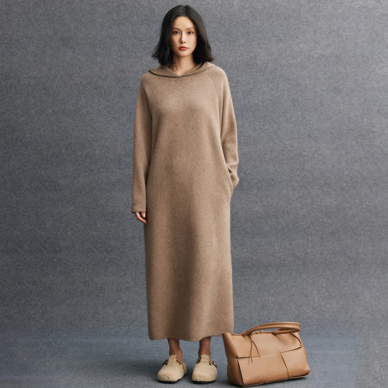 Women Cashmere Hooded Dress 100% Cashmere Knitted Loose Dress Autumn Winter Thick Warm Cashmere Knitwear Long Sleeve Dress