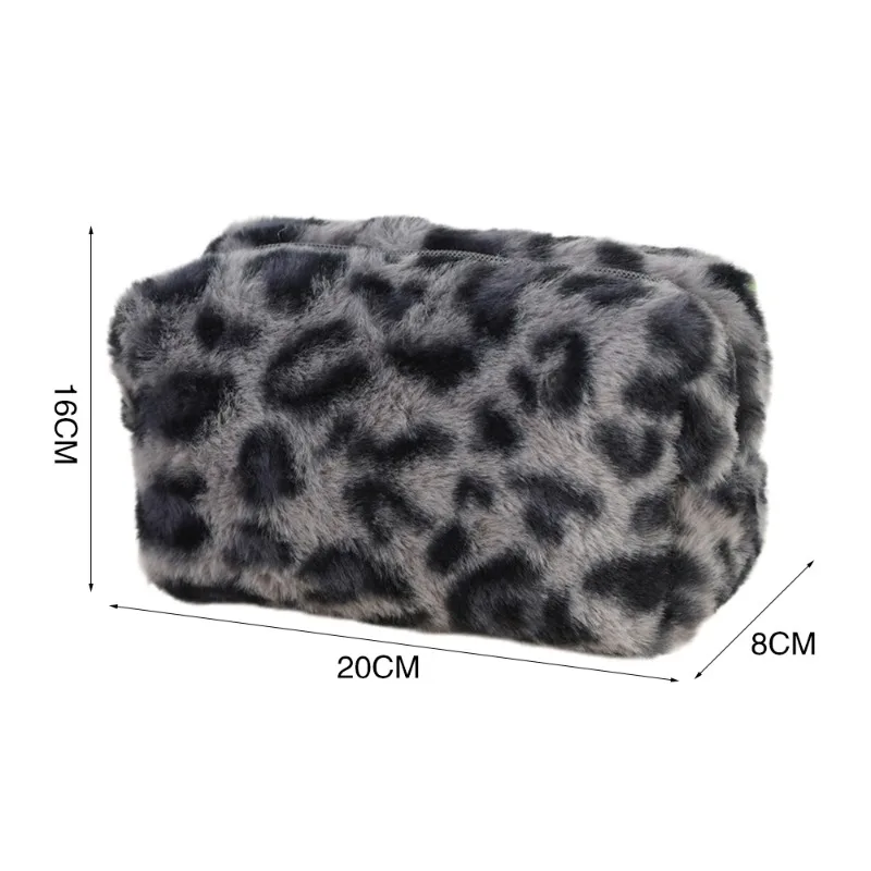 High-end Leopard Print Plush Makeup Pouch Hand-held Portable Women's Large Capacity Travel Storage Pencil Case