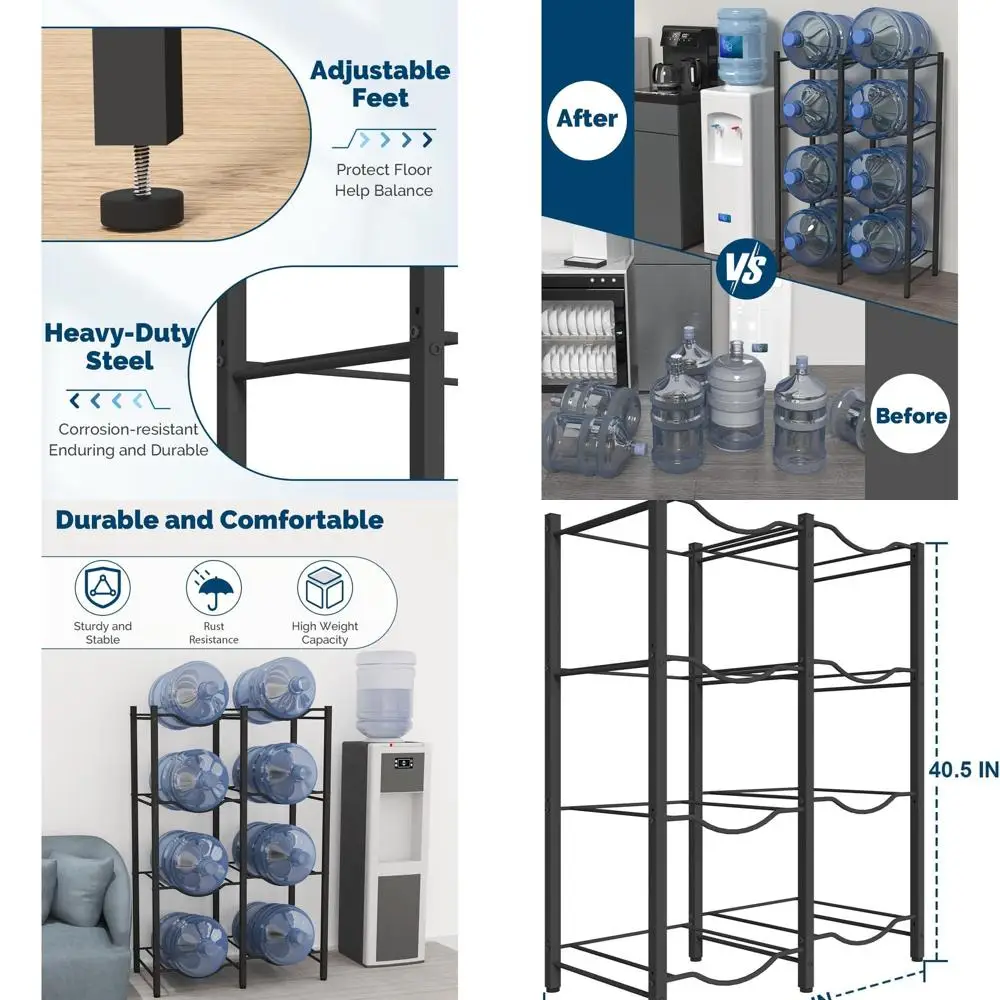 

5-Gallon Water Jug Rack with Detachable Bottle Holder, 4-Tier Heavy Duty Cooler Organizer for Home and Office, Black