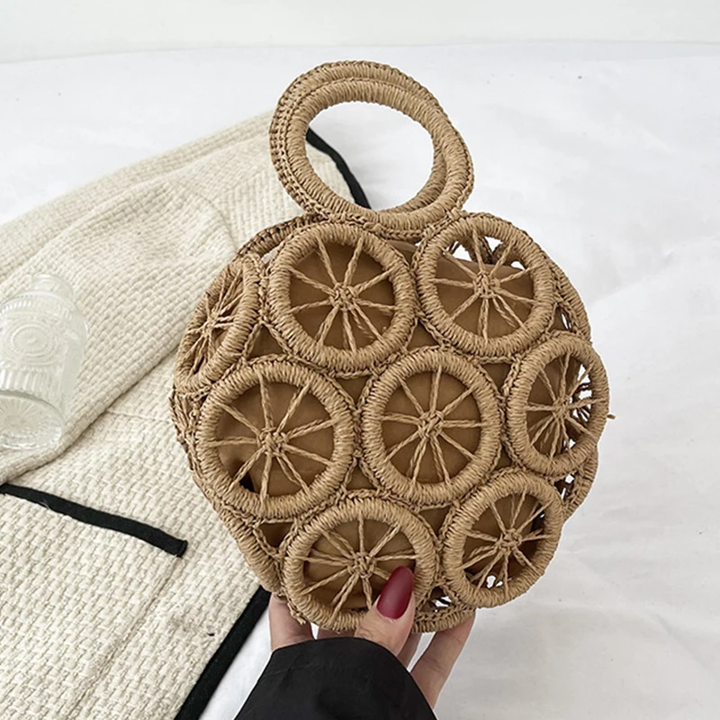 Summer Retro Pastoral Rattan Small Round Bag Fasjopm Style Beach Bag Handbag Casual Circle Top-handle Bag Purse Totes