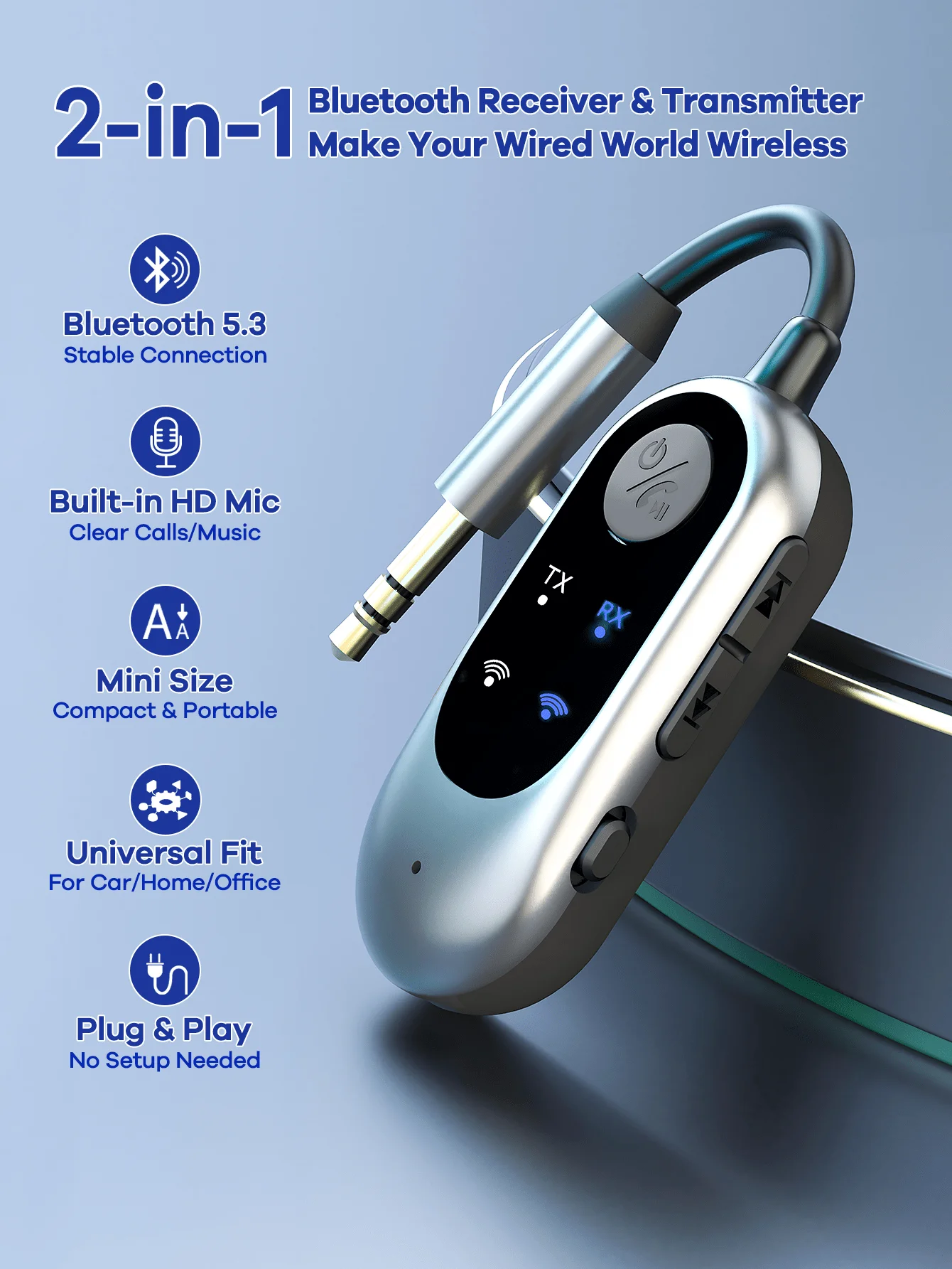 

2-In-1 Bluetooth 5.3 Receiver And Transmitter With Built-In HD Mic, Mini Plug & Play Adapter For Car Home TV And Wired Audio