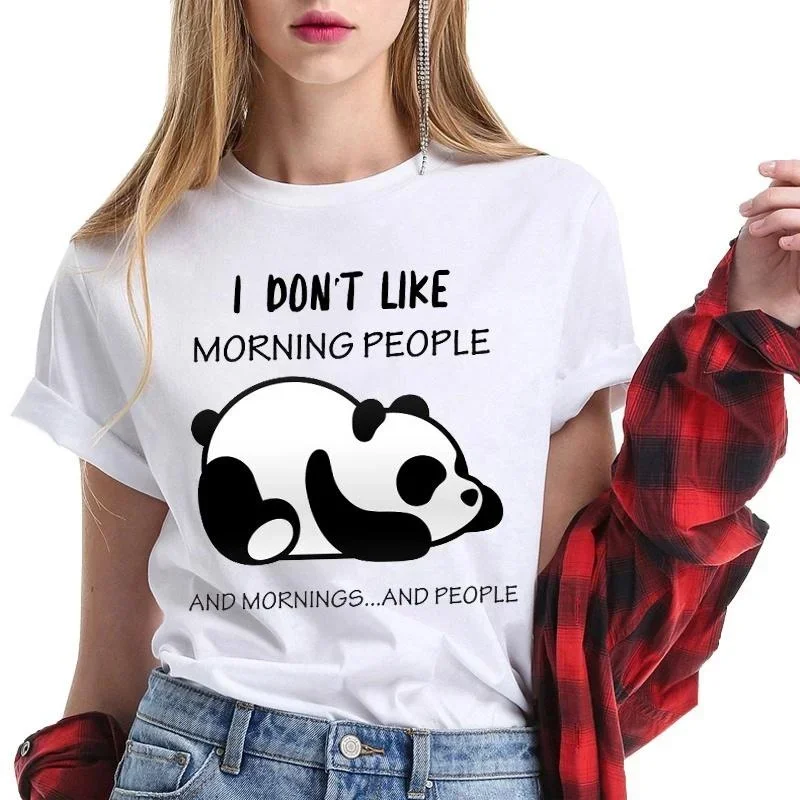 

Cute Panda I Don't Like Morning People Printed T-Shirts For Women Short Sleeve Funny Round Neck Tee Shirt Casual Summer Tops