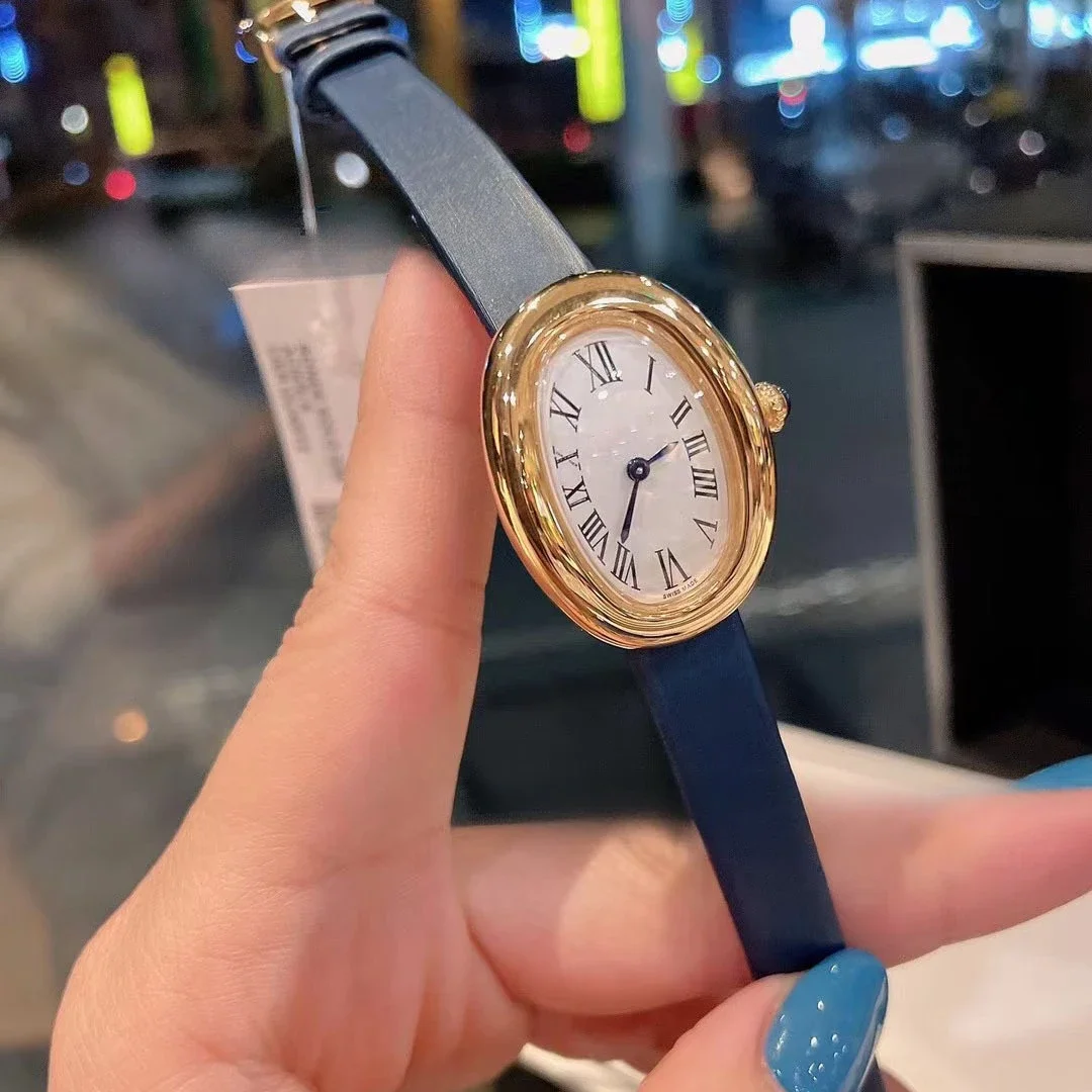 Reloj de cuarzo de bañera Ovalada para mujer, joyería vintage, reloj de pulsera de alta gama, pequeño reloj de frijol dorado con logotipo