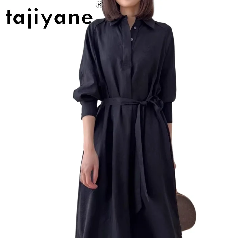 

TAJIYANE 100% Шелковые длинные платья из тутового шелка для женщин, элегантное черное летнее платье с воротником-поло, шелковые платья 40 мм, женская одежда 2026