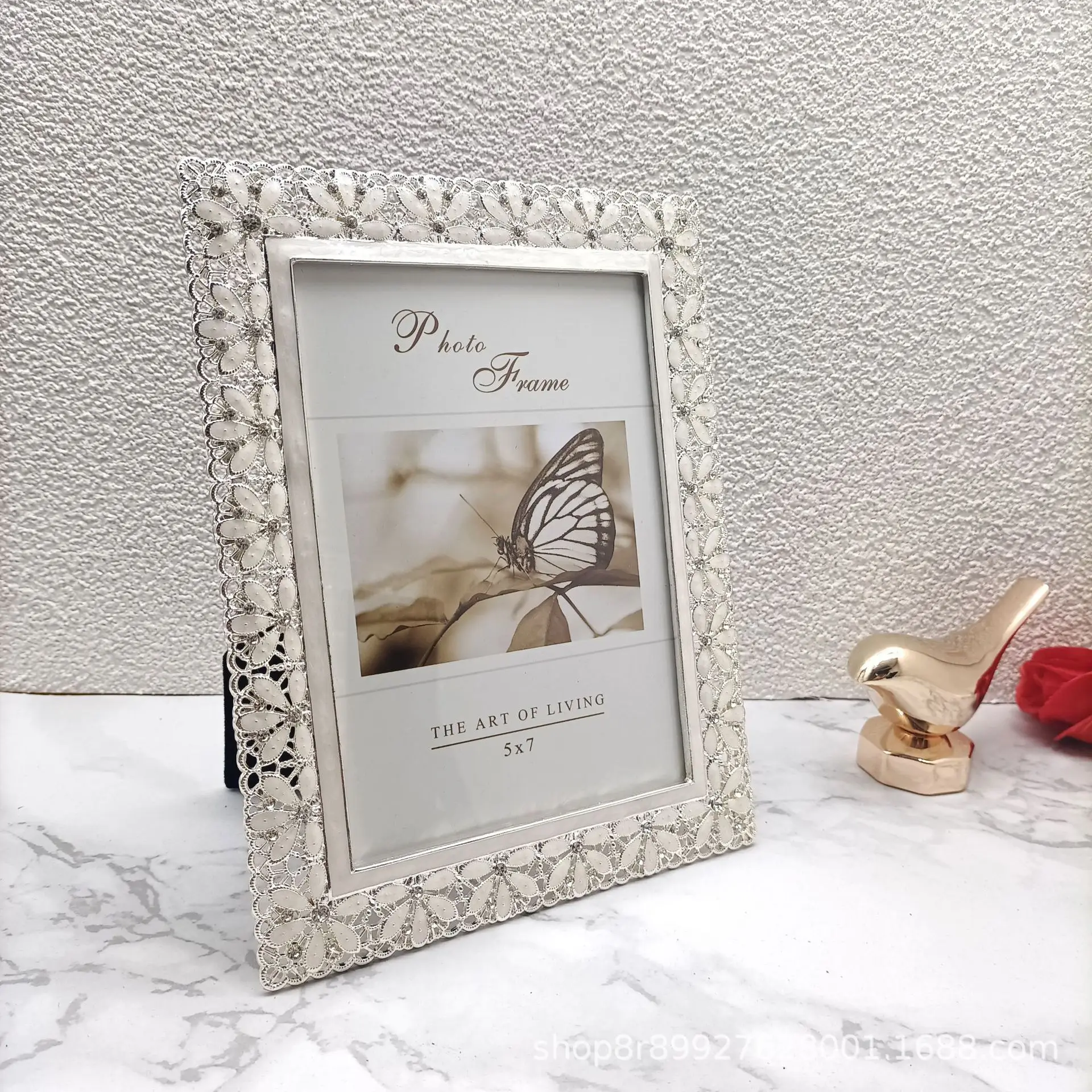 Wedding Accents Shiny Silver Plating Hollow White Flower With Rhinestones Jeweled Rectangle 4x6,5x7 Inch Metal Alloy Photo Frame
